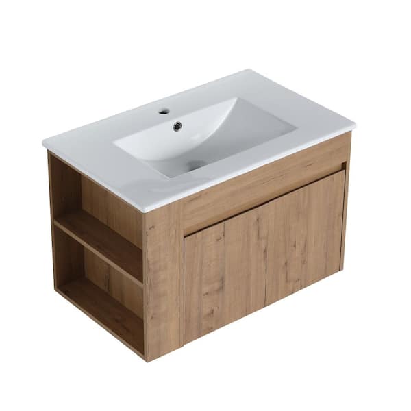 Unbranded 30 in. W x 18.3 in. D x 19.7 in. H Single SinkFloating Bath Vanity in Oak with White Ceramic Top and Adjust Open Shelf