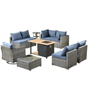 Hippish Gray 11-Piece Wicker Patio Fire Pit Table Conversation Set with Denim Blue Cushions and Swivel Rocking Chairs