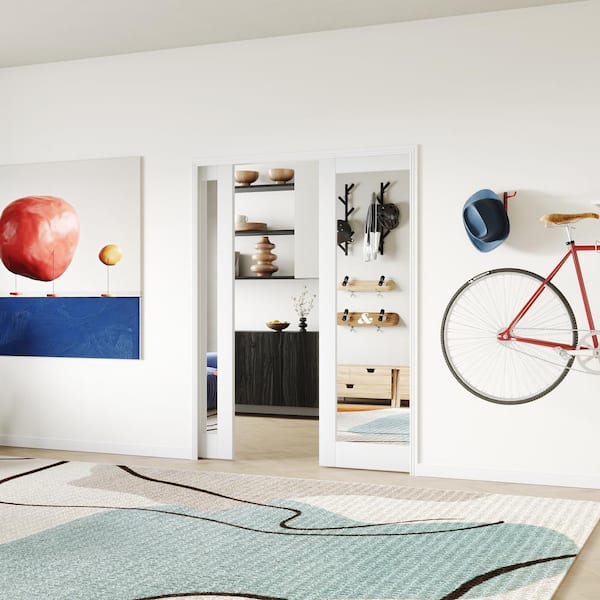 64 in. x 80 in. (Double 32 in. W Doors) 1-Lite Mirrored Glass-Panel MDF White Primed Pocket Door Frame Hardware Included