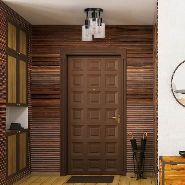 Sedona 14 in. 3-Light Matte Black with Faux Wood Flush Mount