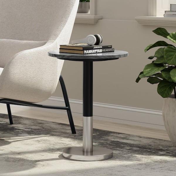 Evans 16 in. Round Genuine Marble/Iron End Table in Black/Silver