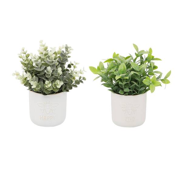 Flora Bunda Artificial Bee Kind Ceramic Tea Leaf, Bee Happy Ceramic Eucalyptus (Set of 2)
