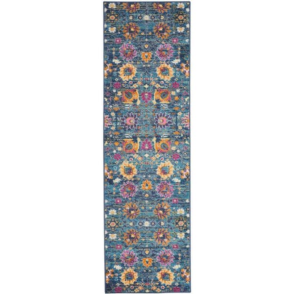 Passion Denim 2 ft. x 8 ft. Floral Transitional Kitchen Runner Area Rug
