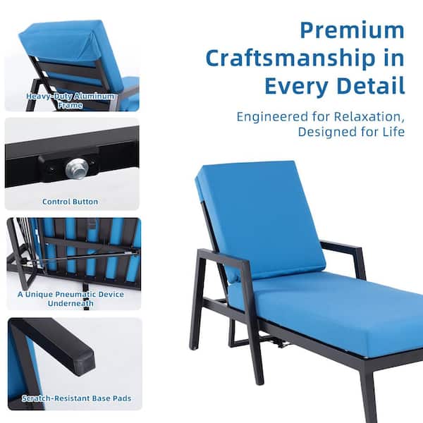 3-Piece Aluminum Outdoor Patio Furniture Chaise Lounge Set Pneumatic Adjustable Backrest with Blue Sunbrella Cushion