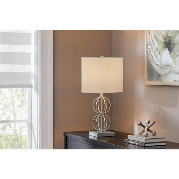 Hampton Bay Railford 23 in. 1-Light Pewter Indoor Geometric Metal Table Lamp with Fabric Lamp Shade