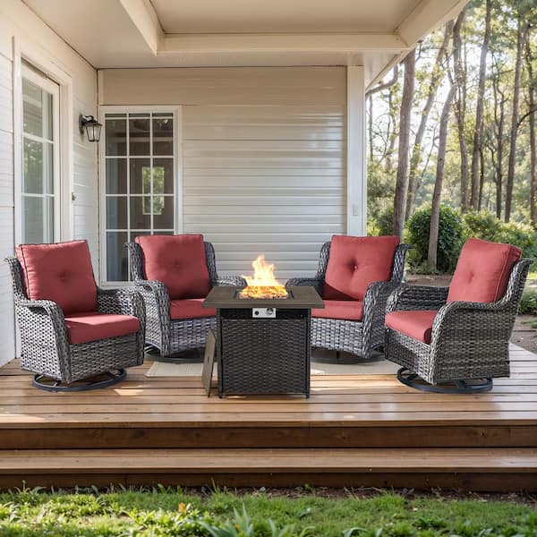 moosprr 5-Piece Gray Wicker Fire Pit Conversation Set with Olefin Red Cushions and Swivel Glider Rocking Chairs