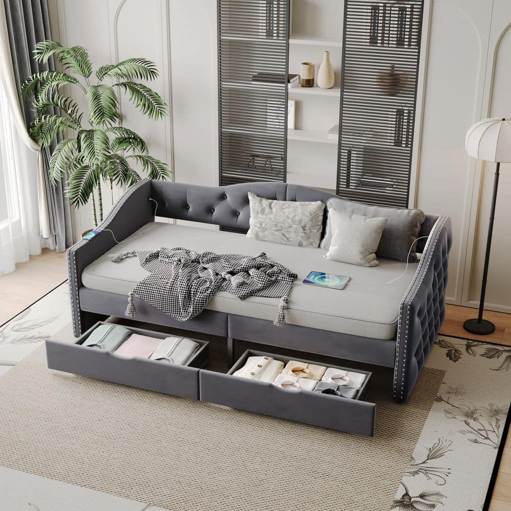 Foster Gray Velvet Upholstered Twin Size Daybed with Storage Drawers, Diamond Tufted Backrest price history on PriceWatchPro