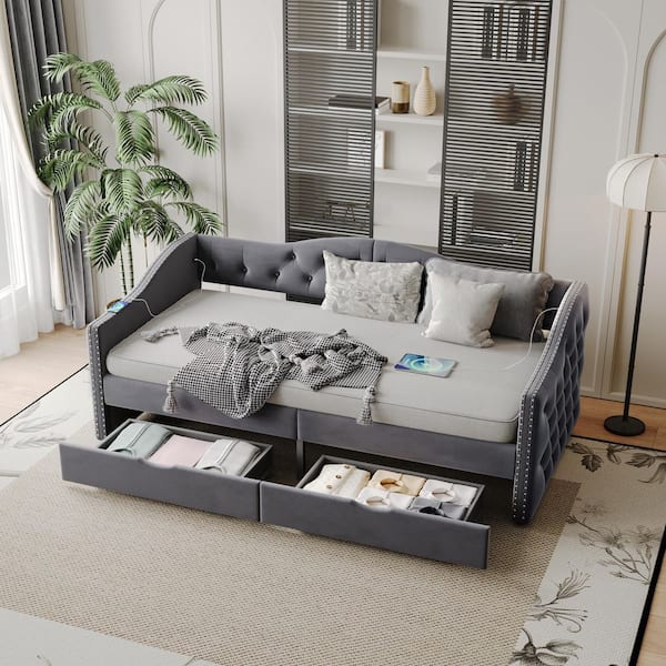 Foster Gray Velvet Upholstered Twin Size Daybed with Storage Drawers, Diamond Tufted Backrest