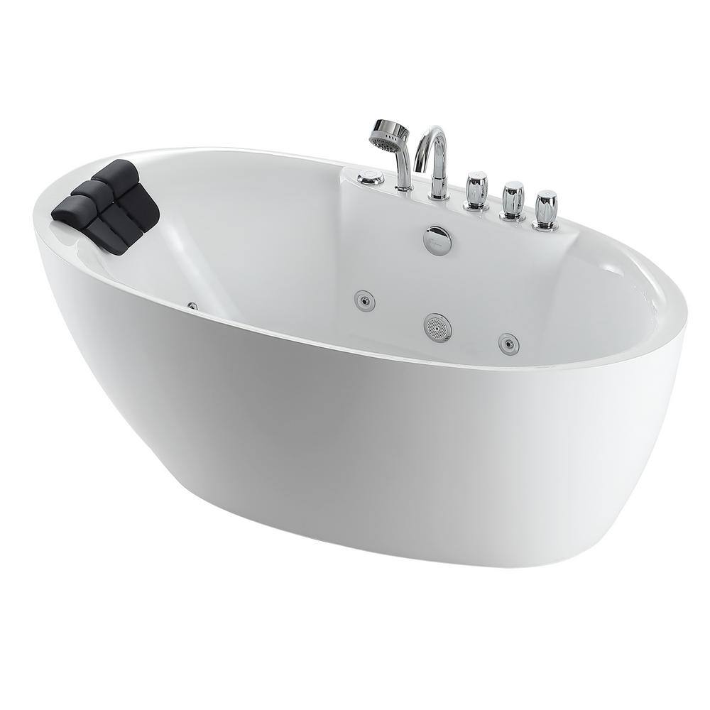 59" White Acrylic Freestanding Whirlpool Bathtub with Faucet