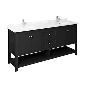 Manchester 72 in. W Bathroom Double Bowl Vanity in Black with Quartz Stone Vanity Top in White with White Basins