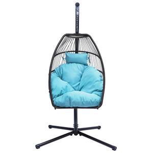45 in. Black Steel Rattan Patio Swing Egg Chair with Blue Pillow and Cushion