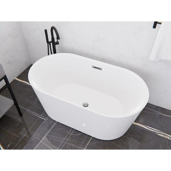ANZZI - Chand Series 59 in. x 30 in. Flat Bottom Acrylic Freestanding Soaking Bathtub with Center Drain in Glossy White