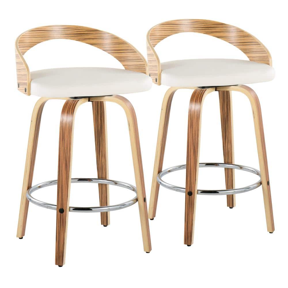 White PU and Zebra Wood Swivel Counter Stools with Chrome Footrest
