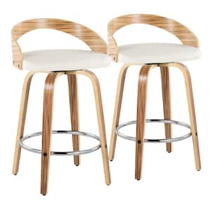Grotto 25.25 in. White Faux Leather, Zebra Wood and Chrome Metal Fixed-Height Counter Stool (Set of 2)
