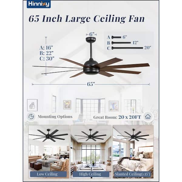65 in. Indoor/Covered Outdoor Black 6-Speed Downrod/Angled Mount Ceiling Fan without Light with Remote Control Included