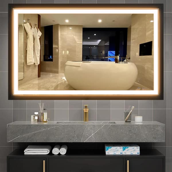 Andrea 42 in. W x 24 in. H Large Rectangular Metal Framed Dimmable AntiFog Wall Mount LED Bathroom Vanity Mirror in Black