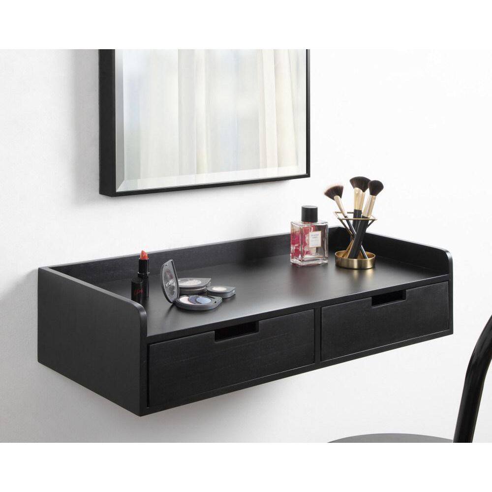 Sleek Black Wood and Metal Floating Console Desk with Storage