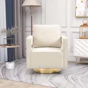Beige Accent Swivel Sofa Chair Open Back Chair with Arms and Pillow Barrel Chair with Stainless Steel Base Chenille