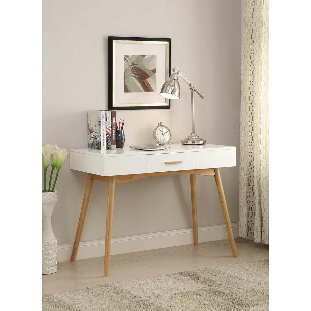 White Rubberwood Mid Century Modern Desk with Drawer