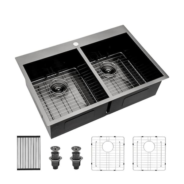 cadeninc 18 Gauge Stainless Steel 33 in. x 9 in. Double Bowl (50/50) Drop-In Kitchen Sink in Gunmetal Black with Accessories