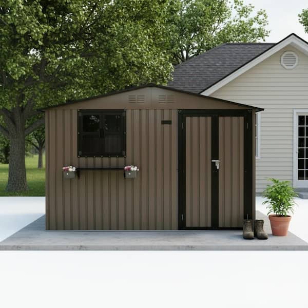 10 ft. W x 8 ft. D Outdoor Metal Storage Shed with Windows and Lockable Double Doors in Brown