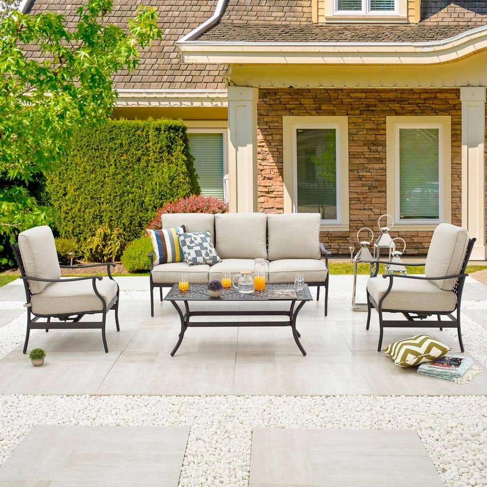Beige Cushioned 5-Person Black Steel Patio Conversation Set