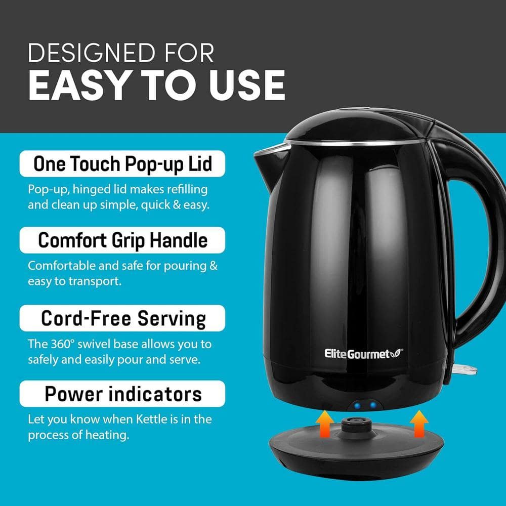 Elite Gourmet 1.8L Black Stainless Steel Electric Kettle