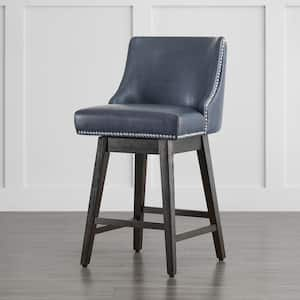 Martin 26 in. Navy Blue Solid Wood Frame Swivel Counter Height Bar Stool with Back and Faux Leather Seat