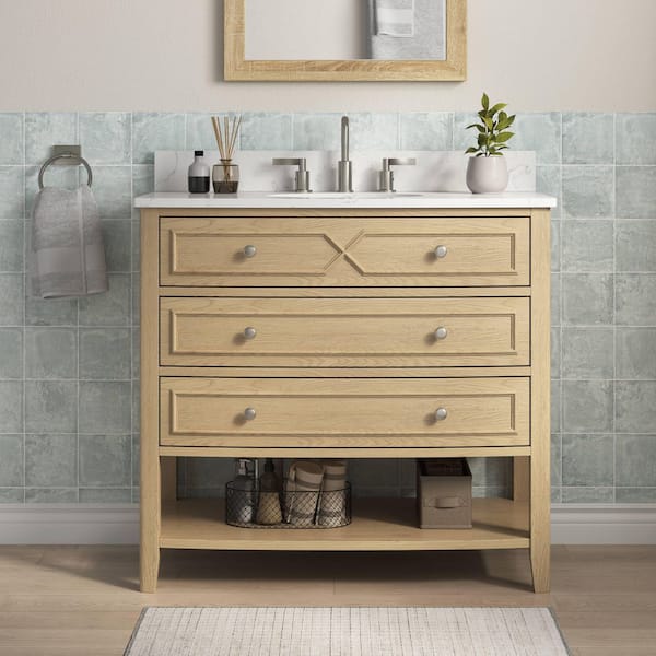 Melva 37 in. Single Sink Freestanding Oak Bath Vanity with Carrara White Engineered Stone Top and Backsplash Assembled