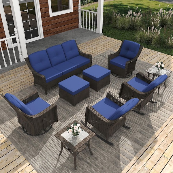 INMITOM 9-Piece Wicker Patio Set with Blue Cushions, 3-Seater Sofa, Lounge Chair, Swivel Chair, Side Table and Ottoman