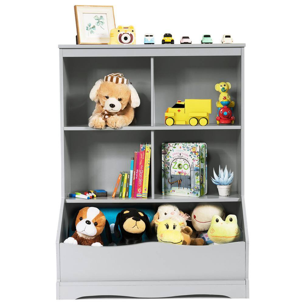 3-Shelf Kids Grey Wooden Multi-Functional Bookcase Floor Toy Storage Display - thumbnail 4