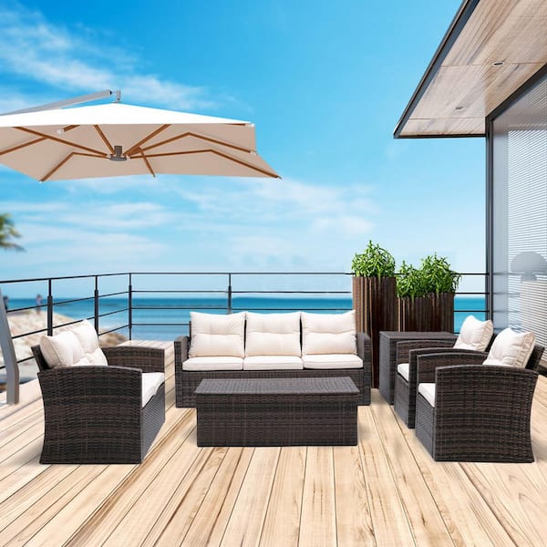 waelph 6-Piece Wicker Patio Conversation Set with Beige Cushion and Storage