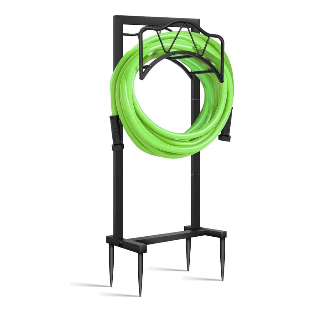 Freestanding Black Metal Garden Hose Holder with 4 Spikes