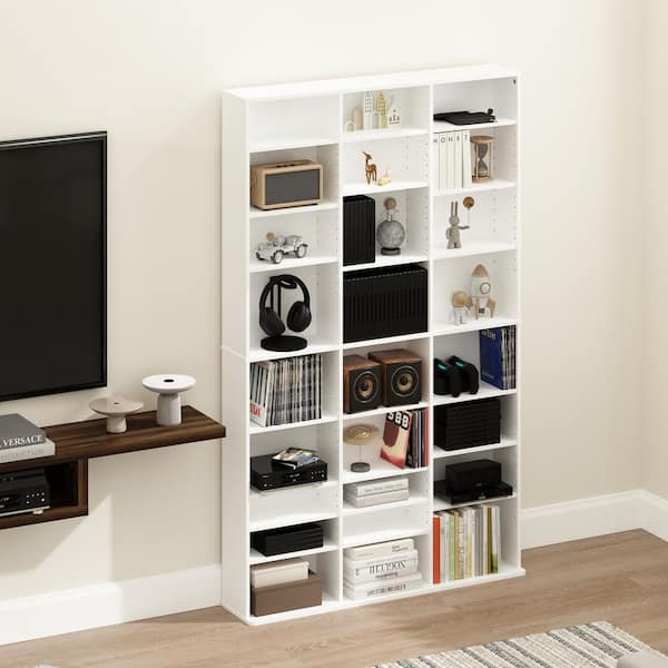 Furinno JAYA White 24-Shelf Multimedia Media Storage Tower Rack with Adjustable Shelves