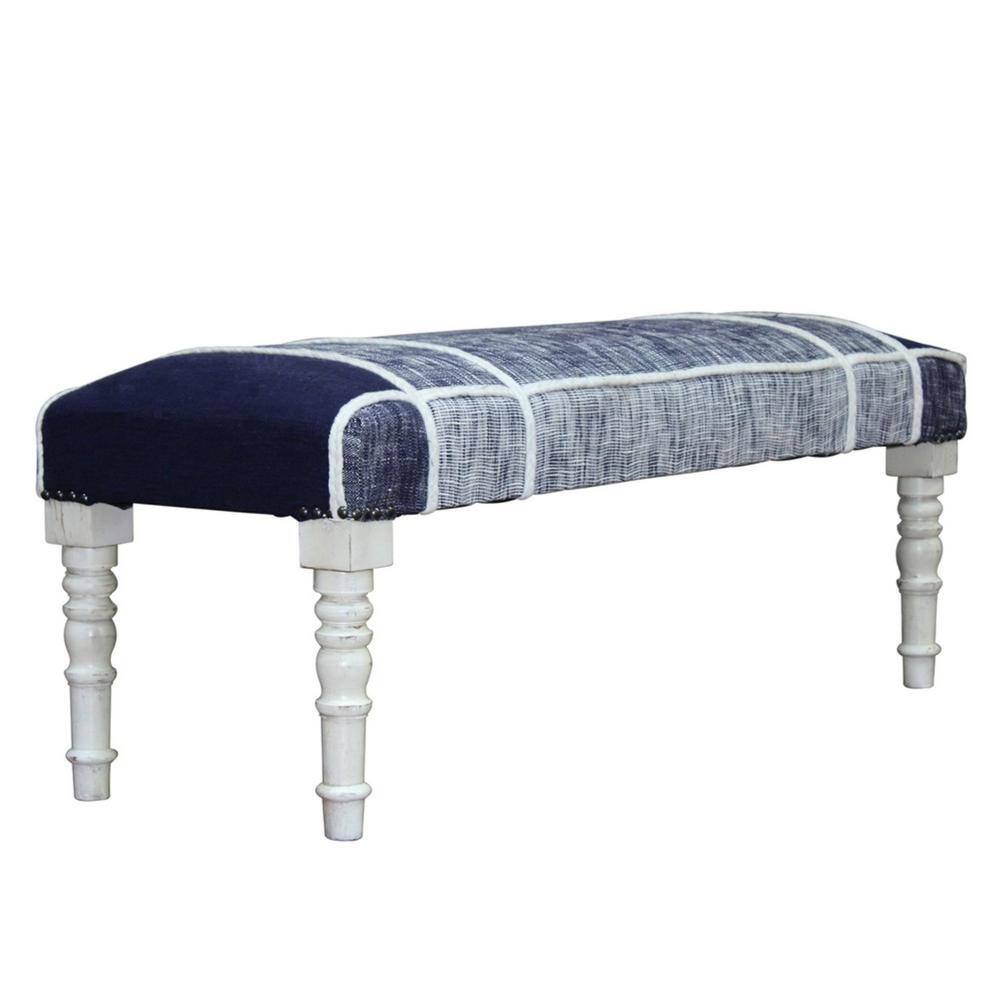 Navy and White Plaid Upholstered Storage Bench with Wood Legs