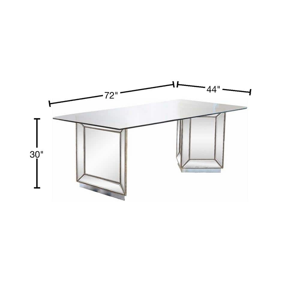 72" Glass Top Silver Mirrored Wood Dining Table
