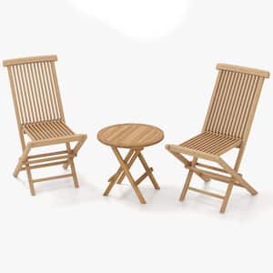 3-Piece Outdoor Bistro Set Round Table Teak Wood Folding Chair Slatted Tabletop Seat