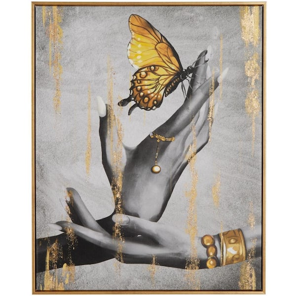 Litton Lane 1-Panel Butterfly Shaded Framed Wall Art with Jeweled Hands and Gold Foil Accents 30 in. x 24 in.