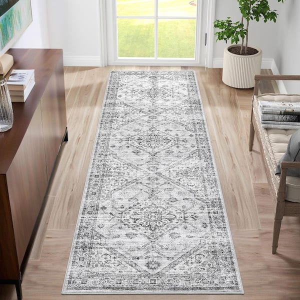 Vintage Printed Rug Distressed Floral Carpet Soft Non-slip Thin Carpet for Living Room Farmhouse Light Gray，2X6ft
