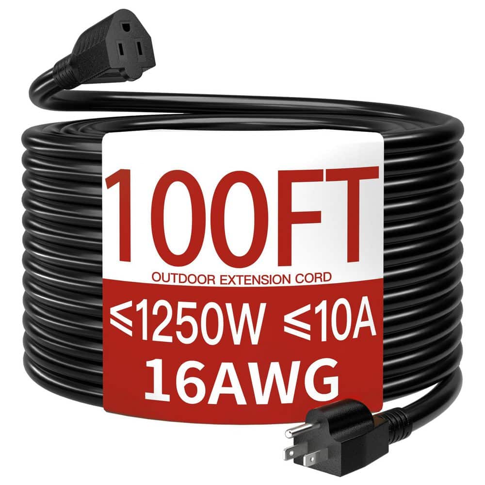 100 ft. 1250W 16/3 SJTW-Gauge Outdoor Indoor Extension Cord Black