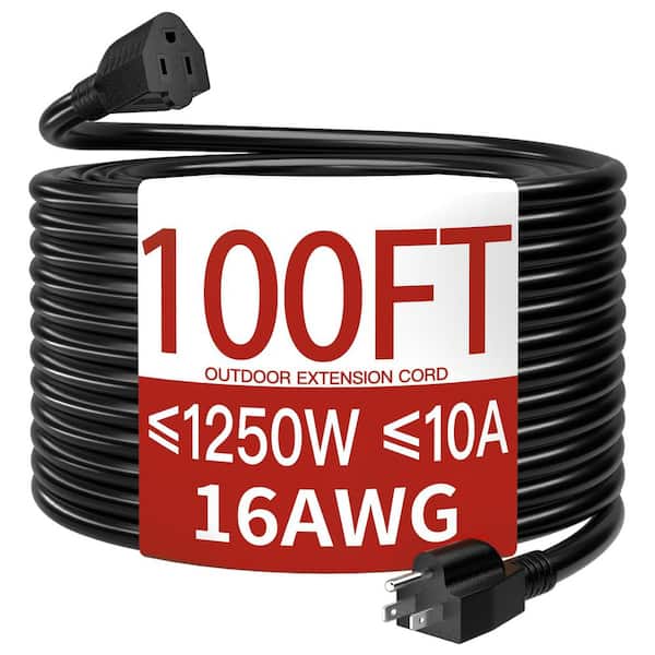 100 ft. 1250W 16/3 SJTW-Gauge Outdoor Indoor Extension Cord Black