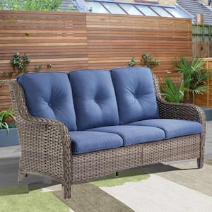 Larocca Gray 1-Piece Metal Wicker Outdoor Couch with Blue Cushions