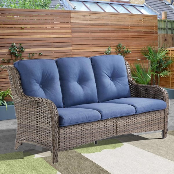 Gymojoy Larocca Gray Metal Wicker Outdoor 3-Seat Couch Patio Sectional Sofa with CushionGuard Blue Cushions