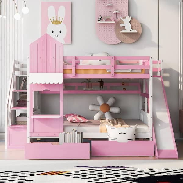 Pink Full over Full Castle Style Wood Bunk Bed with Storage Staircases, 2 Drawers, Shelves, and Slide