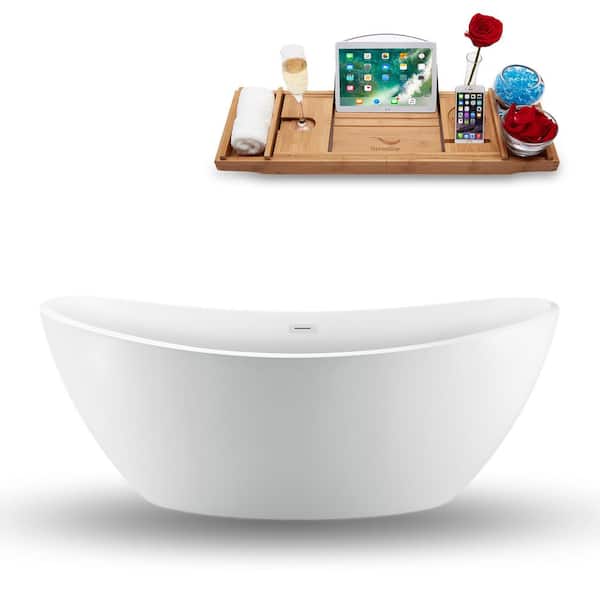 Streamline 74.8 in. Acrylic Flatbottom Non-Whirlpool Bathtub in Glossy White with Polished Chrome Drain and Overflow Cover