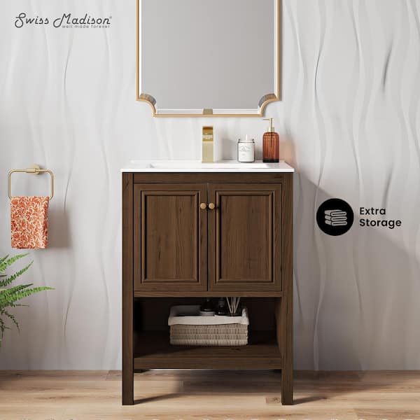 Chateau 24 in. Freestanding Bathroom Vanity in Brown Oak with Ceramic Sink Top