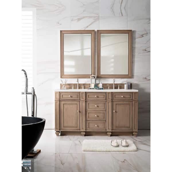 James Martin Vanities Bristol 60 in. W x 23.5 in. D x 34 in. H Double Bathroom Vanity in Whitewashed Walnut with Arctic Fall Solid Surface Top