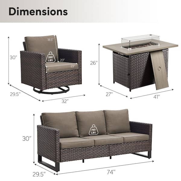U-Foot 4-Piece Brown Wicker Fire Pit Conversation Set with Olefin Gray Cushions and Swivel Glider Chairs/Couch