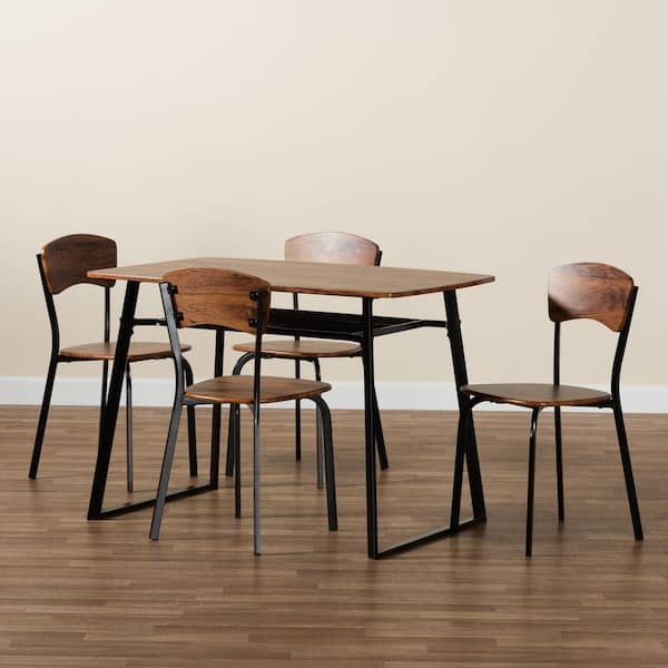 Baxton Studio Elida 5 Piece Wood Top Walnut Brown and Black Dining