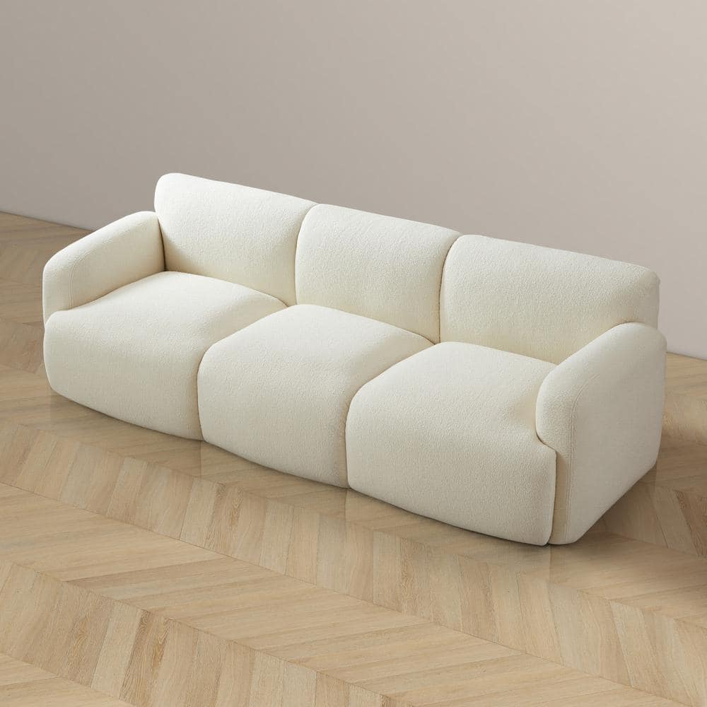 Cream Boucle Fabric Mid-Century Modern 90.6" Sofa with Solid Wood Base